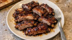 Tender oven-baked pork ribs with a sticky honey-soy glaze (no barbecue needed)