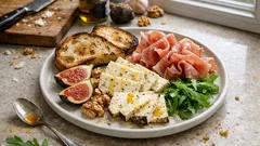 Italian truffle cheese sharing board with figs, prosciutto and a drizzle of honey